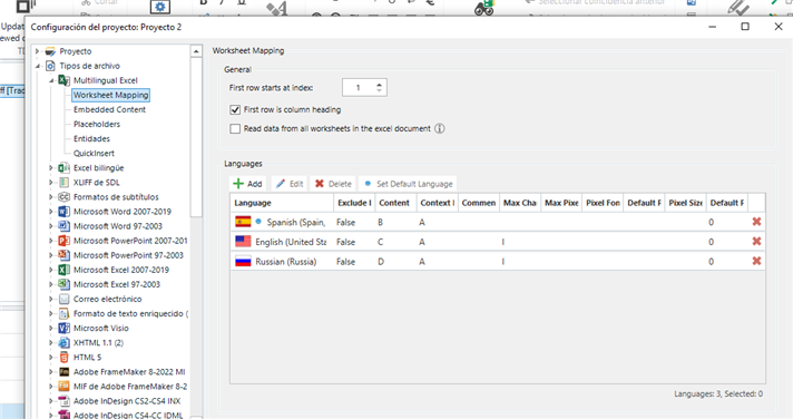 Trados Studio project settings window with worksheet mapping for Spanish, English, and Russian, indicating content and context columns.