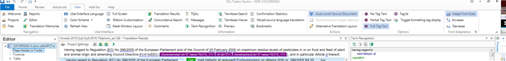 Screenshot of Trados Studio interface showing the View ribbon with no Advanced Display Filter option visible. The Review tab is highlighted with a Search function displayed.