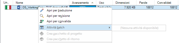 Dropdown menu in Trados Studio with 'Batch activities' selected, showing no available activities and options to create project or return package.