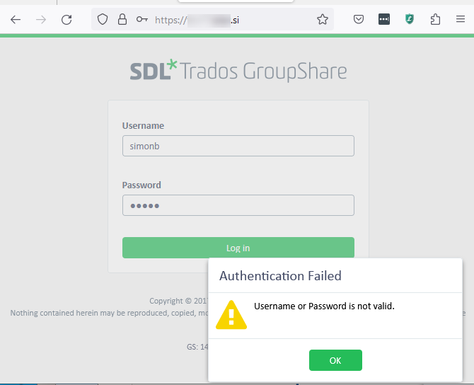 GroupShare login error pop-up stating 'Authentication Failed. Username or Password is not valid.'