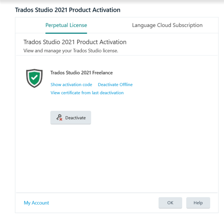 Screenshot of Trados Studio 2021 Product Activation page showing a green checkmark indicating Trados Studio 2021 Freelance is activated with options to show activation code, deactivate offline, and view certificate from last deactivation.