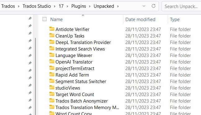 Screenshot of Trados Studio plugins folder on a computer, displaying folders for each app such as Antidote Verifier, CleanUp Tasks, and DeepL Translation Provider with date modified on 28112023.