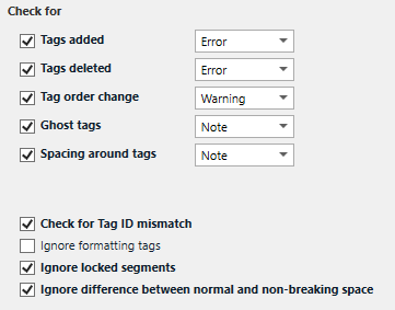 Screenshot showing all the tag verification options checked apart from the "Ignore formatting tags"