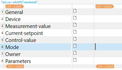 Trados Studio 2022 interface showing a CSV file with columns for translation, including rows labeled General, Device, Measurement-value, and others.