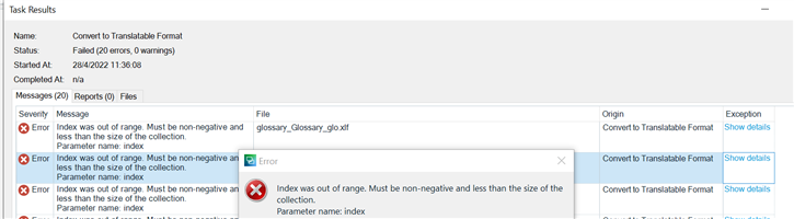 Trados Studio error message displaying 'Index was out of range. Must be non-negative and less than the size of the collection. Parameter name: index' for file glossary_Glossary_sg.xliff.