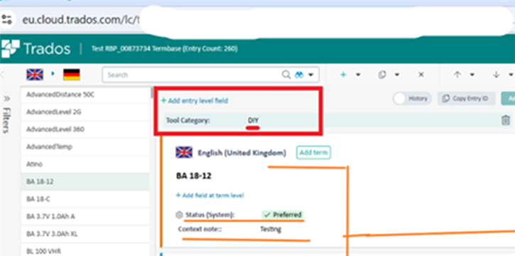 Trados Enterprise interface with an 'Add entry level field' section highlighted, showing the term 'BA 18-12' with a preferred status and a testing note.