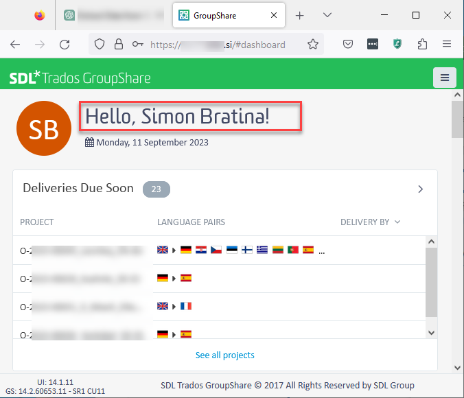 GroupShare dashboard displaying a welcome message 'Hello, Simon Bratina' with the current date and a list of upcoming project deliveries.