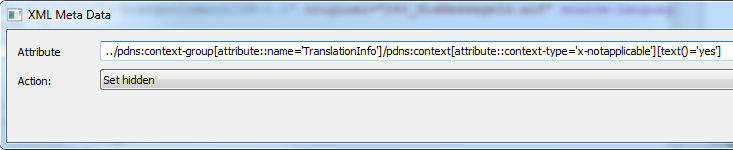 Trados Studio XML Meta Data window showing an XPath expression to set the translation entry to hidden.