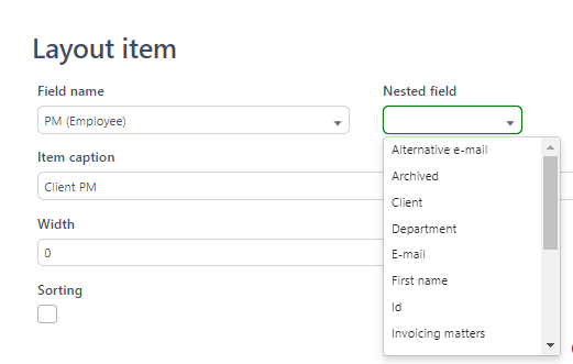 Screenshot of Trados Studio layout item settings for 'PM (Employee)' with 'First name' selected in the Nested field dropdown and other options like Alternative e-mail, Archived, Client, Department listed.