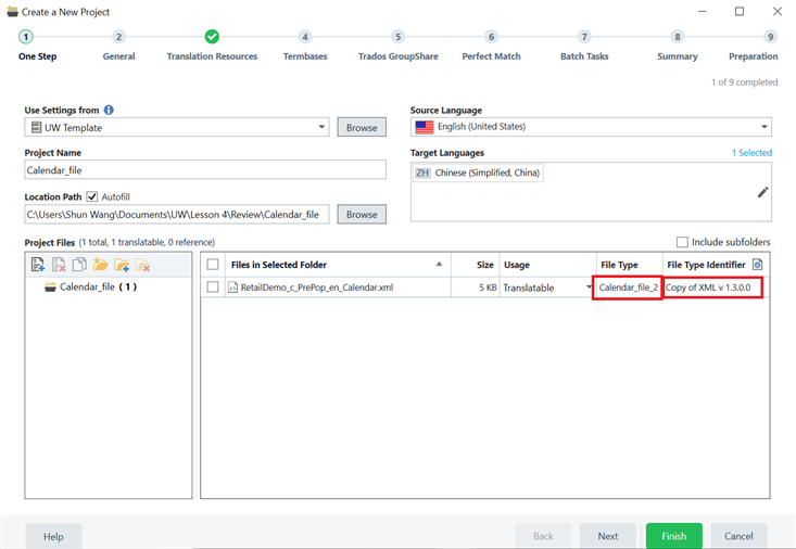 Trados Studio screenshot displaying the 'Create a New Project' window with the Calendar XML file correctly identified as 'Calendar_file_2' after re-adding the file.