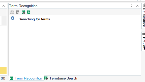 Trados Studio Term Recognition window stuck with a message 'Searching for terms...' and no results displayed.