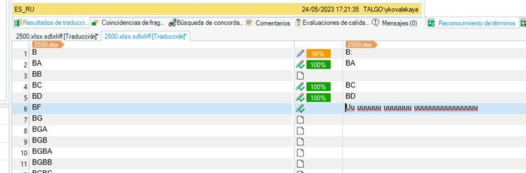 Close-up of Trados Studio translation results with a warning for exceeding the 20-character limit in line 6 for the target language.