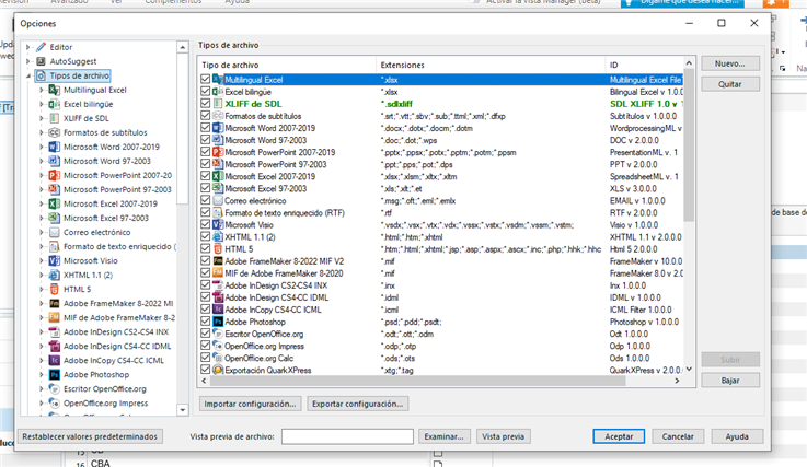 Screenshot of Trados Studio options menu with file types and extensions listed, such as Multilingual Excel and XML files.