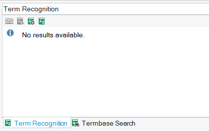 Screenshot of Trados Studio Term Recognition pane displaying the message 'No results available.'