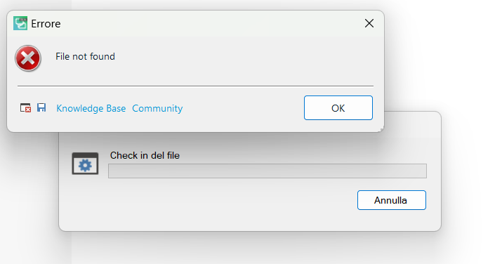 Error dialog box with a red cross icon, titled 'Errore'. Message reads 'File not found'. Buttons for 'Knowledge Base', 'Community', and 'OK' are visible.