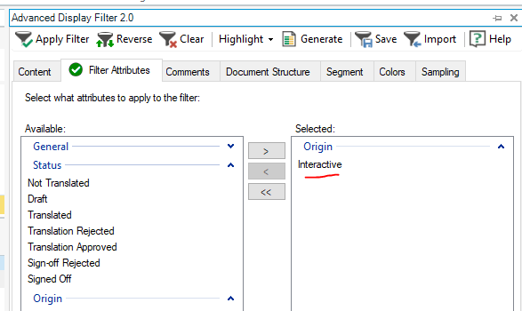 Screenshot of Trados Studio's Advanced Display Filter 2.0 with 'Origin' under 'Selected' and 'Interactive' highlighted in red, indicating a filter option.