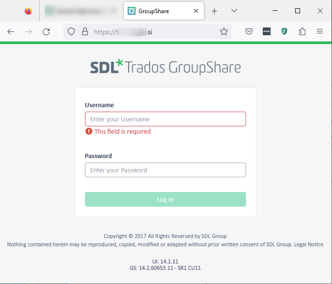 GroupShare login page with a red outline around the username field and an error message stating 'This field is required'.