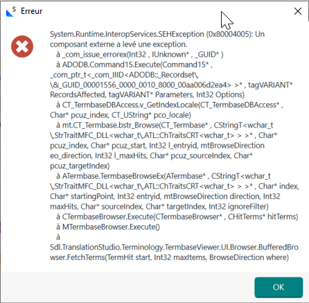 Error message in French with a red X icon, showing a System.Runtime.InteropServices.SEHException error with technical details and an OK button.
