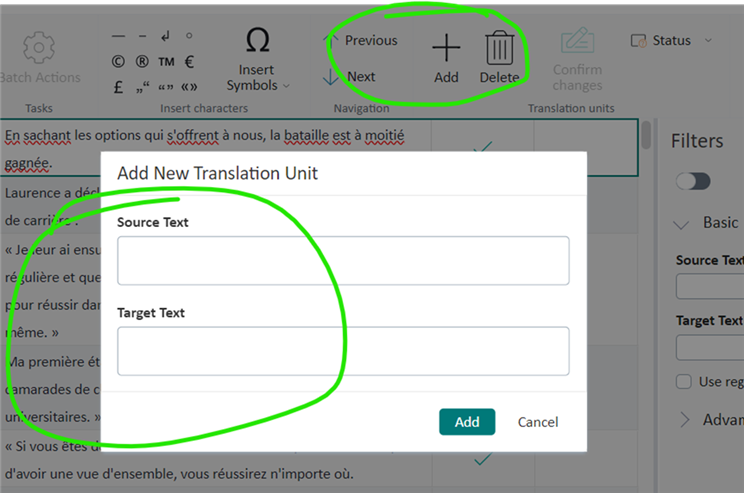 Screenshot of the 'Add New Translation Unit' pop-up window in Trados Team Ideas with empty 'Source Text' and 'Target Text' fields, highlighted by a green circle. Navigation buttons are circled at the top.