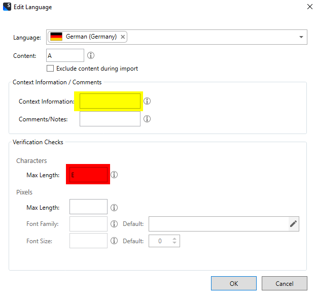 Screenshot of the Edit Language dialog in RWS AppStore Ideas showing German language selection with context information field highlighted and max length field in red.