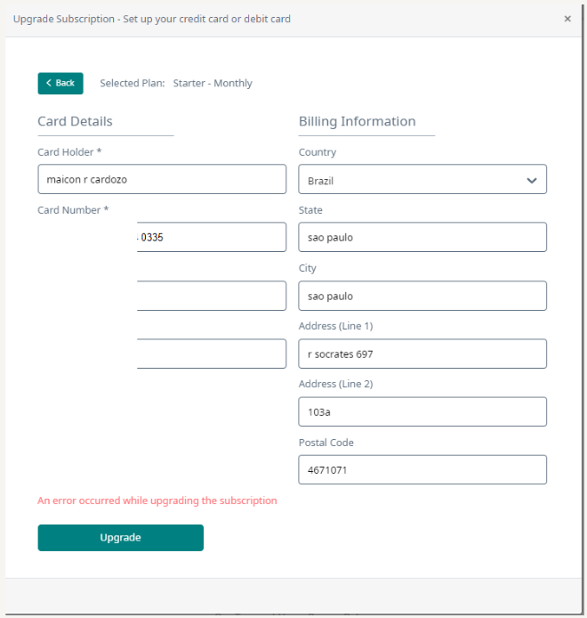 Screenshot of Trados Studio's 'Upgrade Subscription' pop-up window showing fields for 'Card Details' and 'Billing Information' with an error message at the bottom stating 'An error occurred while upgrading the subscription'.
