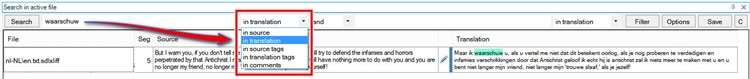 Trados Studio interface showing a dropdown menu with search options 'in translation' and 'in source'. An arrow points to 'in source' option. A text segment is highlighted with a comment in the source column.