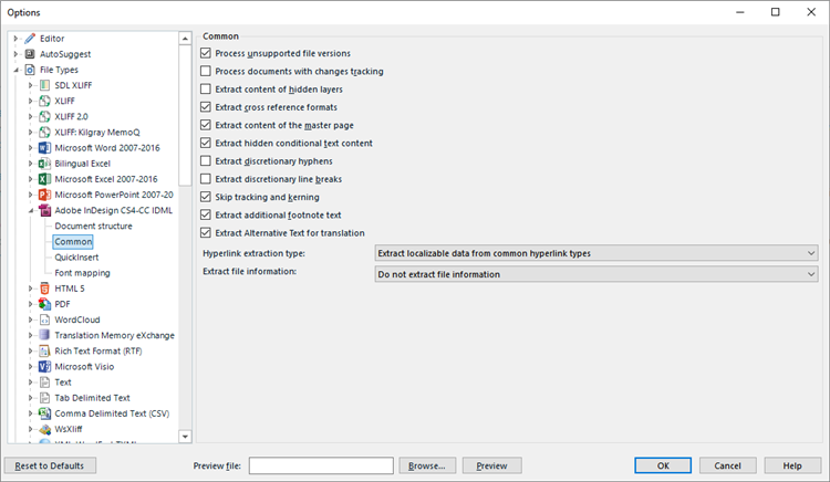 Trados Studio filter settings window with options for Adobe InDesign CS4-CC IDML file type selected.