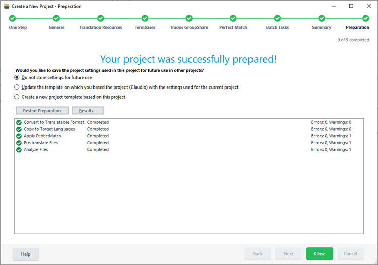 Trados Studio project preparation completion screen with all tasks completed and no errors or warnings.