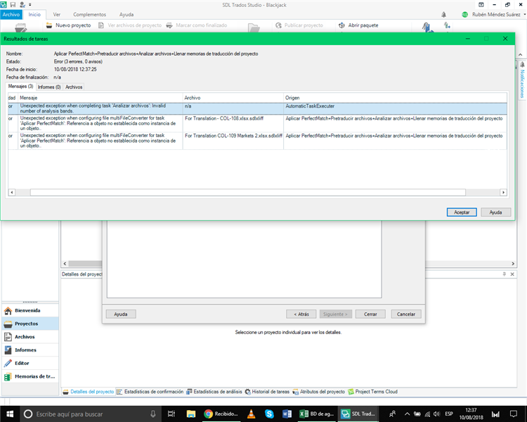 Trados Studio error message window showing multiple 'Unexpected exception' errors related to 'm_fullFileConverter' for tasks like 'Analyze files' and 'Learn translation memories from project'.