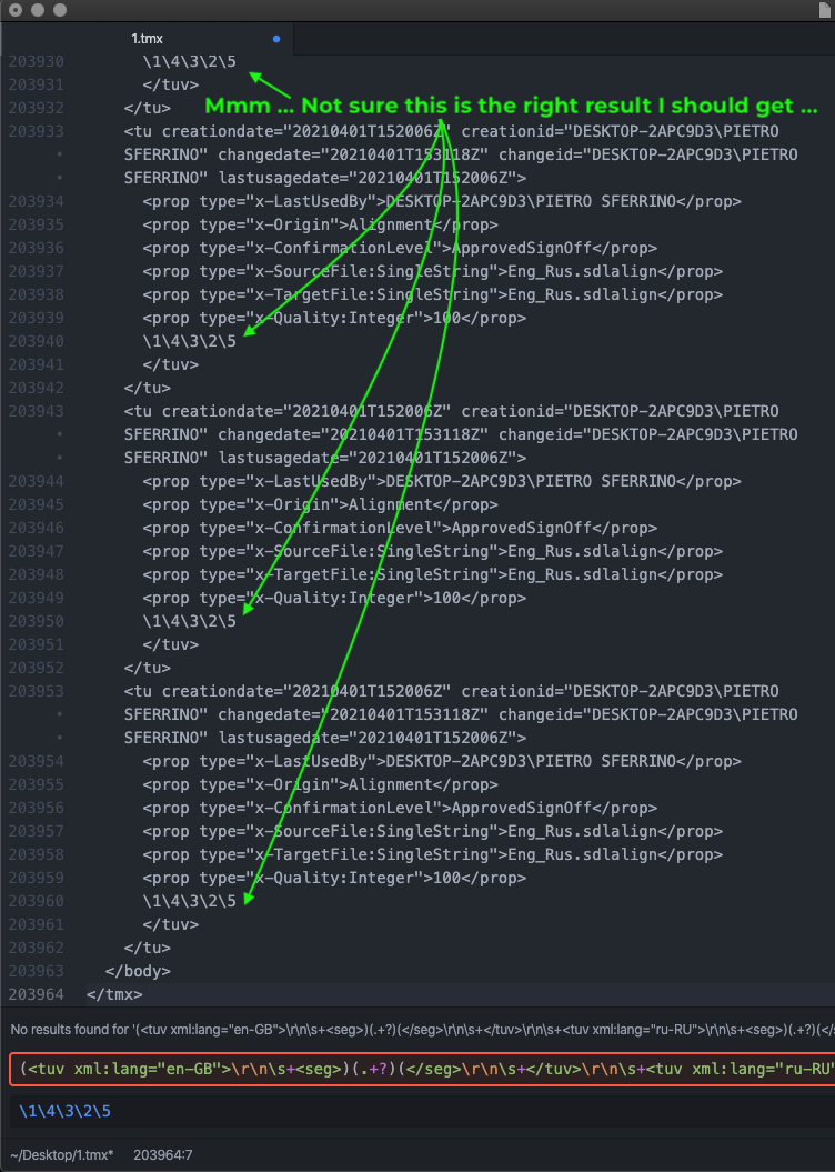 Screenshot of Trados Studio XML code with a highlighted error message 'Not sure this is the right result I should get' and segments with misplaced numbers '12345'.