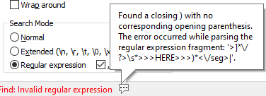 Screenshot showing the Notepad++ error message help.