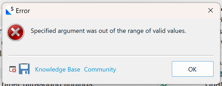 Error dialog box from Trados Studio with a red cross icon, titled 'Error'. Message reads 'Specified argument was out of the range of valid values.' with 'Knowledge Base' and 'Community' buttons below.