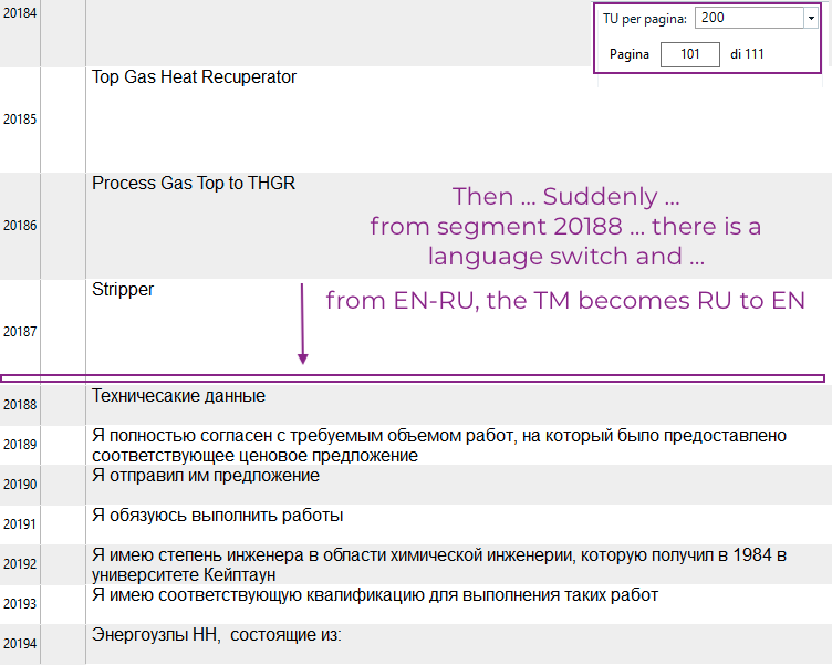 Screenshot of Trados Studio showing a Translation Memory (TM) with a language switch error. English text is labeled as Russian and vice versa starting from segment 20188.