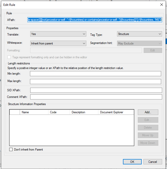 Trados Studio Edit Rule dialog box showing XPath settings for XML file type filtering with no visible errors.