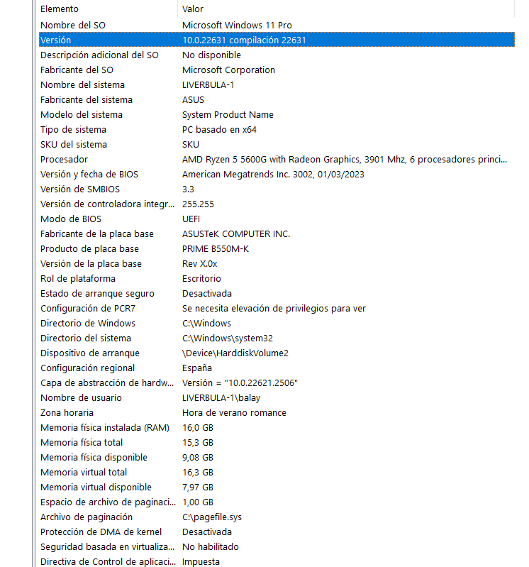 Screenshot of Windows 11 Pro system information showing OS version 10.0.22631, system manufacturer ASUS, AMD Ryzen 5 5600G processor, BIOS version dated 2023-01-03, and 16 GB RAM.