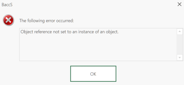 Error message in Trados Studio's BaacS window displaying 'The following error occurred: Object reference not set to an instance of an object.' with an 'OK' button.