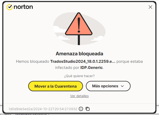 Norton security software alert window showing a blocked threat named TradosStudio2024 with an IDP.Generic infection. Options to move to quarantine or see more options are available.