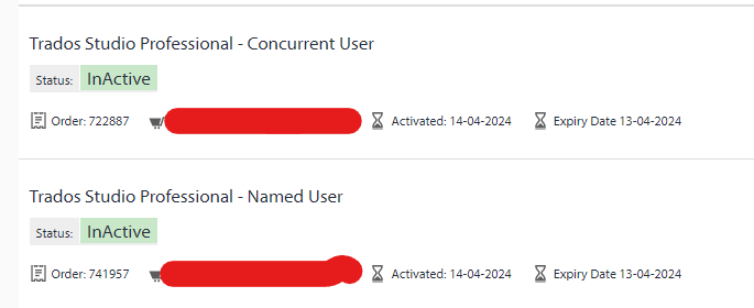 Screenshot showing Trados Studio Professional licenses with 'Inactive' status. Two entries: 'Concurrent User' and 'Named User', both with activation and expiry dates of 14-04-2024.