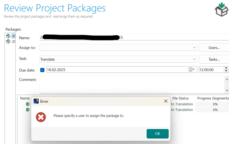 Error message in Trados Studio Review Project Packages window saying 'Please specify a user to assign the package to.'