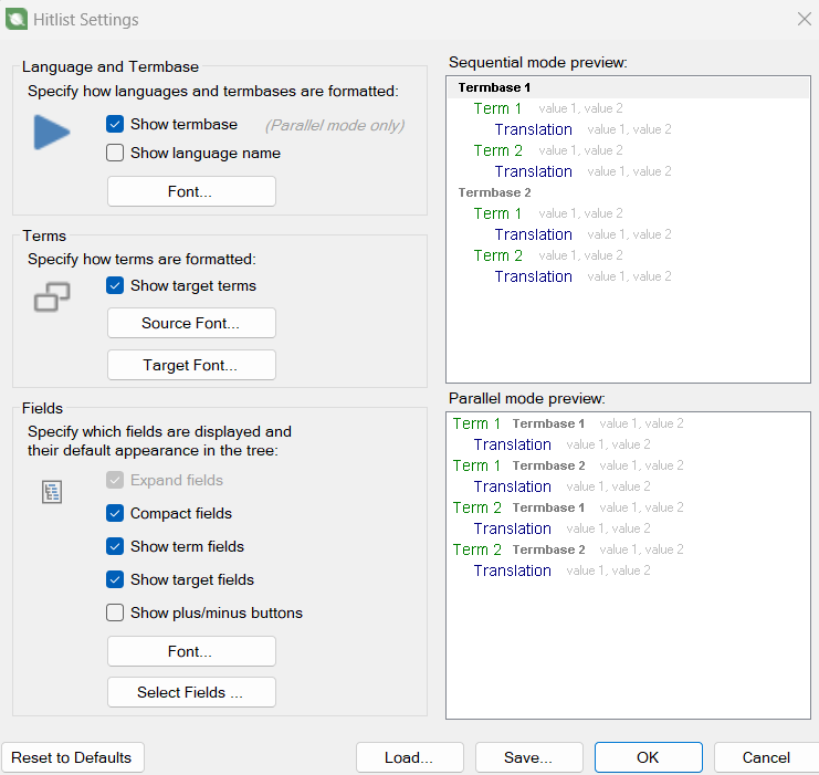 Screenshot of Trados Studio Hitlist Settings window with options for Language and Termbase, Terms, and Fields.