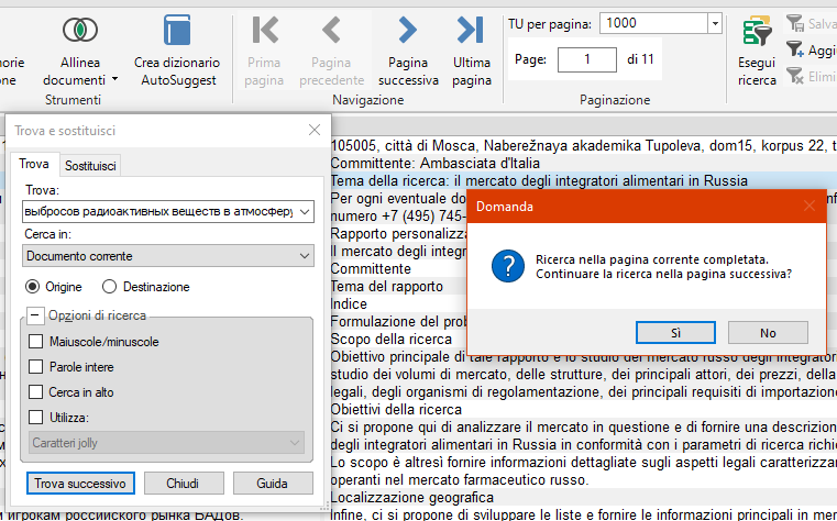 Trados Studio screenshot showing a dialog box with a question 'Ricerca nella pagina corrente completata. Continuare la ricerca nella pagina successiva?' with options 'Si' and 'No'.