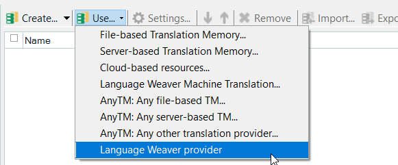 Dropdown menu in Trados Studio with 'Language Weaver provider' selected for translation memory and automated translation settings.