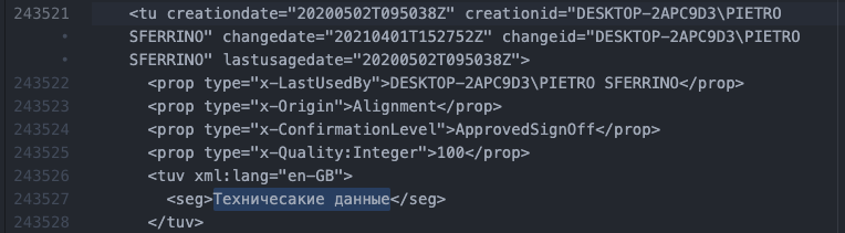 Screenshot of Trados Studio XML code with tags for creation date, last usage date, and segment text in English 'Technical data'.