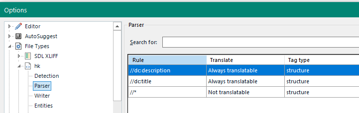 Trados Studio options menu showing Parser settings with rules for 'dc:description' and 'dc:title' set to 'Always translatable' and 'structure' tag type.