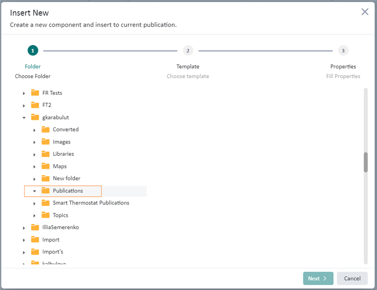 Screenshot of the 'Insert New' modal in Tridion Docs with the 'Choose Folder' tab active, showing a directory structure with 'Publications' folder highlighted and expanded to show 'Smart Thermostat Publications'.