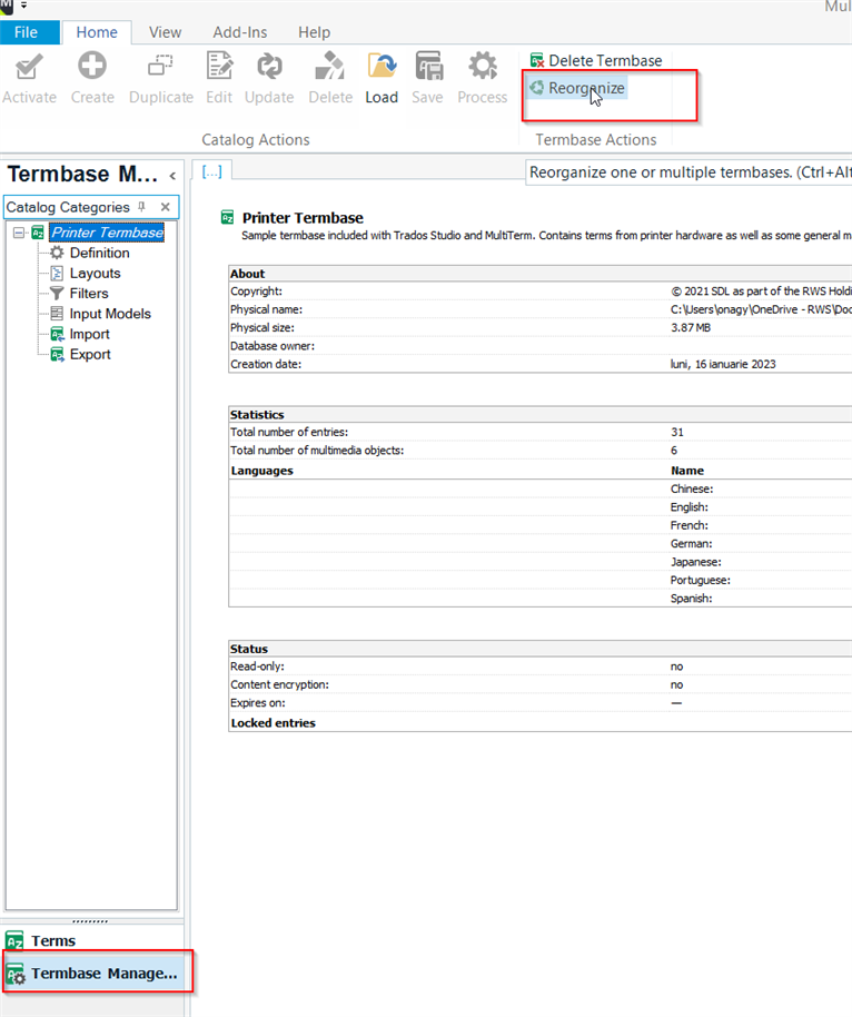 Trados Studio Multiterm interface showing Termbase Management view with 'Printer Termbase' selected. 'Reorganize' button highlighted in red box.