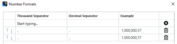 Number Formats dialog box with options to set thousand and decimal separators, showing examples '1,000,000.57' and '1.000.000,57'.