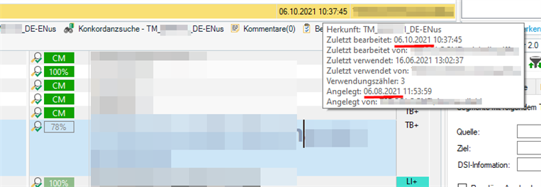 Screenshot of Trados Studio TM info panel displaying a translation memory entry with mismatched 'created' and 'last used' dates, indicating a potential date format error.