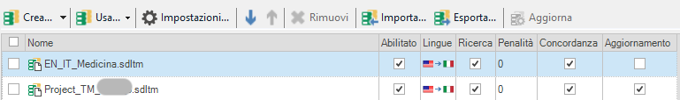 Trados Studio Translation Memories settings showing MainTM for reference and ProjectTM for storing translations with update function enabled.
