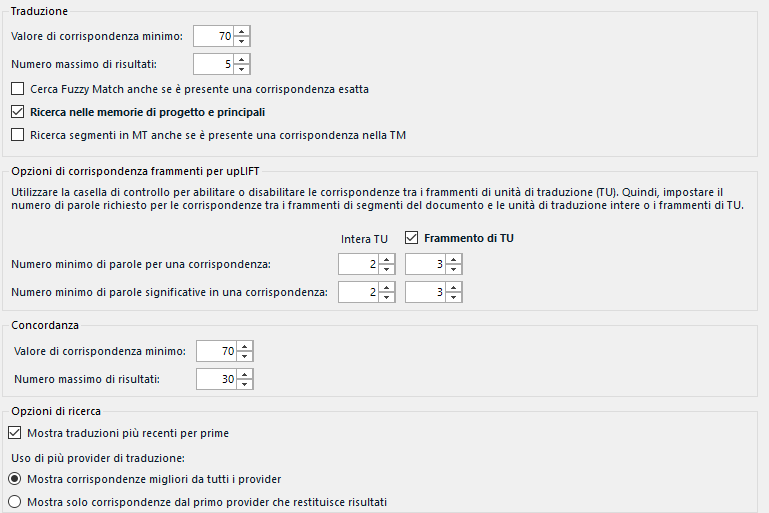 Trados Studio settings window showing options for translation matching and search in project memories and machine translation.